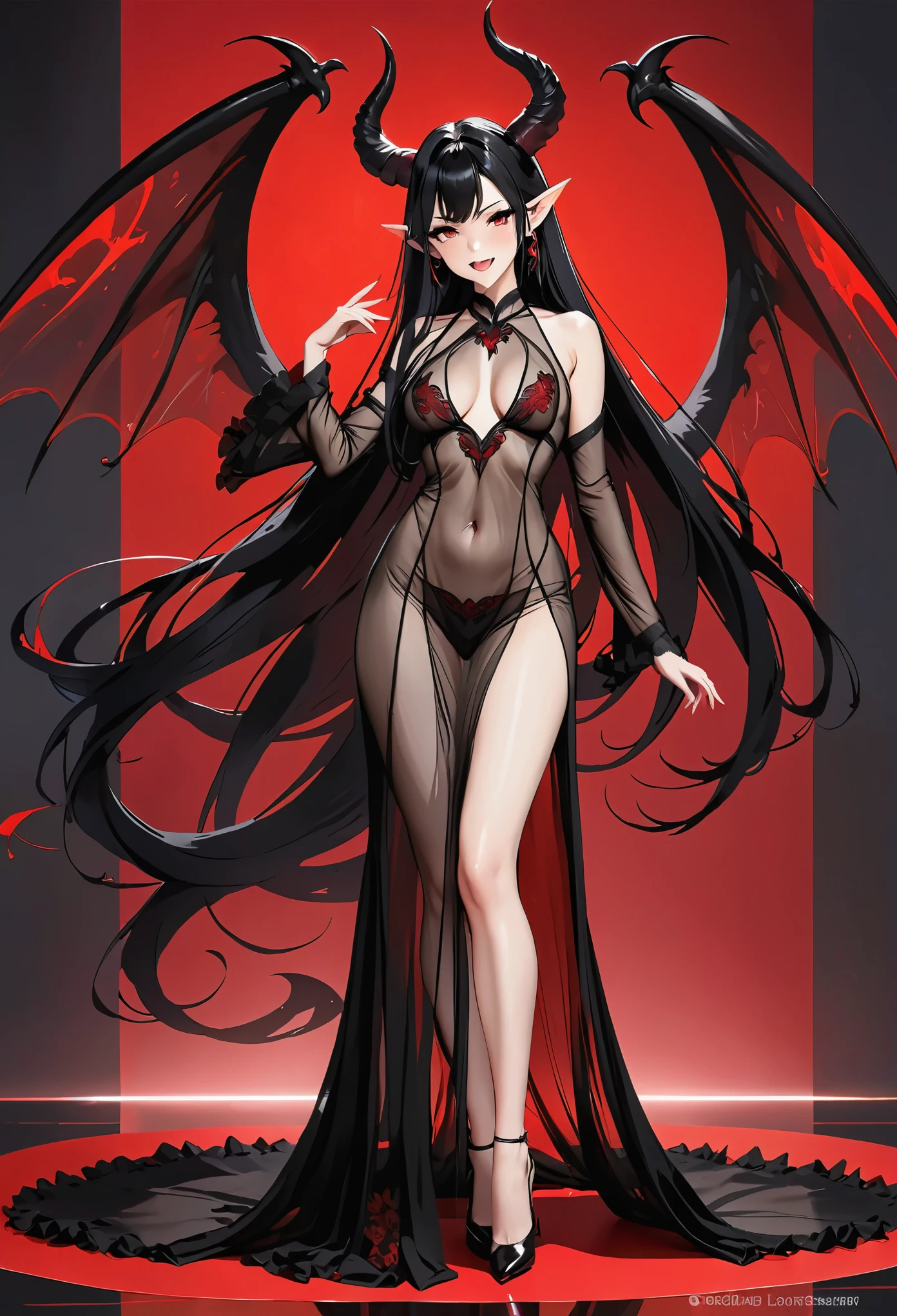 horns, fang, pointy ears, tongue out, open mouth, very long hair, red eye, black hair, best quality, succubus, girl, cheeky grin, full body shot, see-through longdress, wings