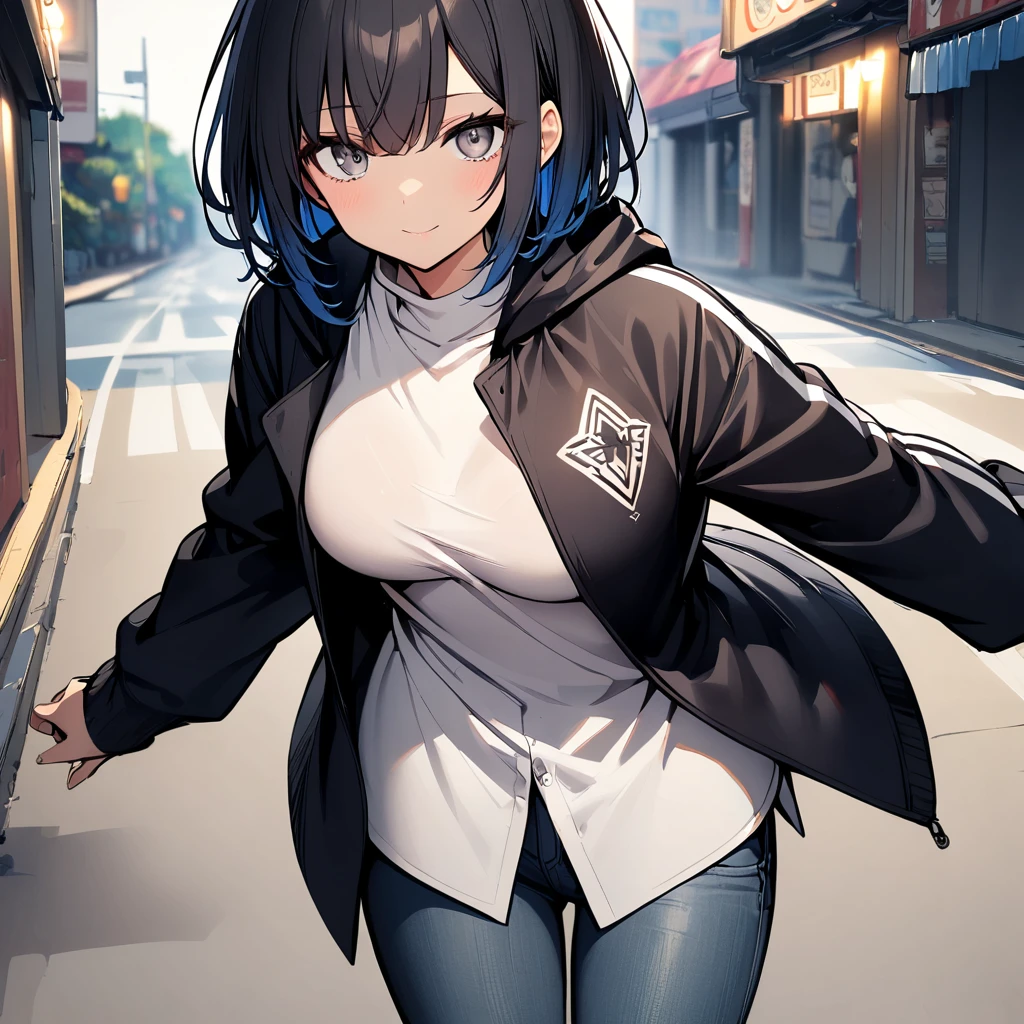 1girl, White shirt, open jacket, extra large shirt, jeans, diamond jacket, half black hair, half blue hair, half and half, white streaks, grey eyes, short hair, long hoodie, turtleneck, long jacket