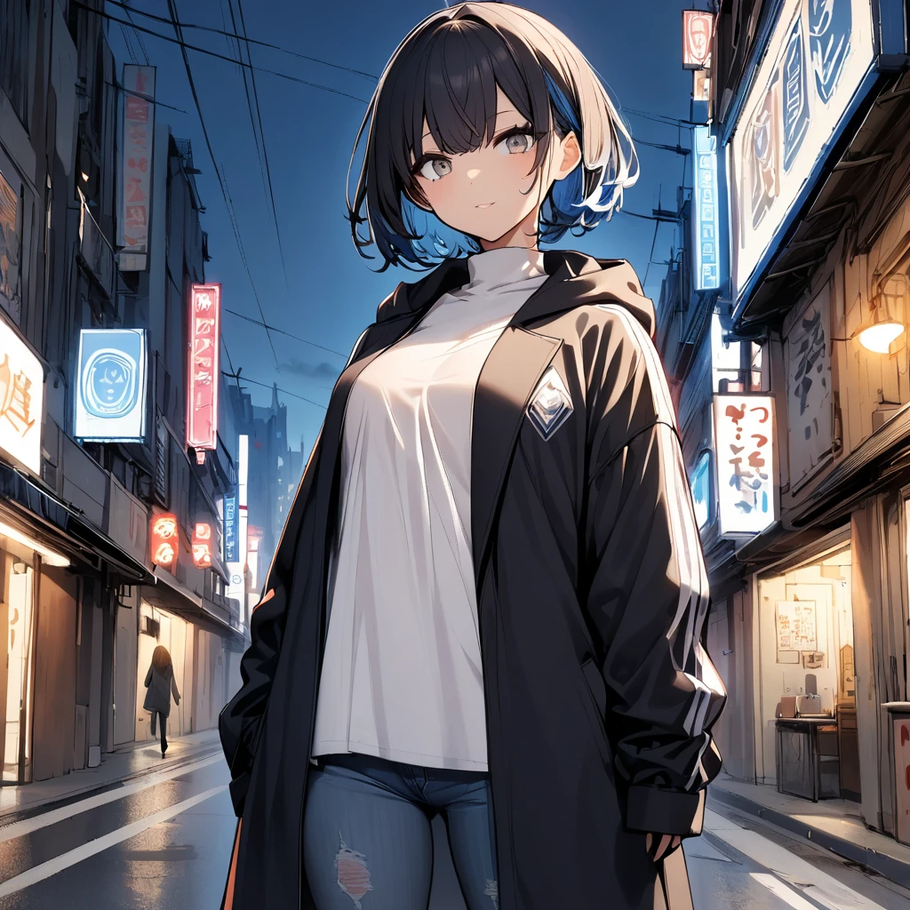 1girl, White shirt, open jacket, extra large shirt, jeans, diamond jacket, half black hair, half blue hair, half and half, white streaks, grey eyes, short hair, long hoodie, turtleneck, long jacket