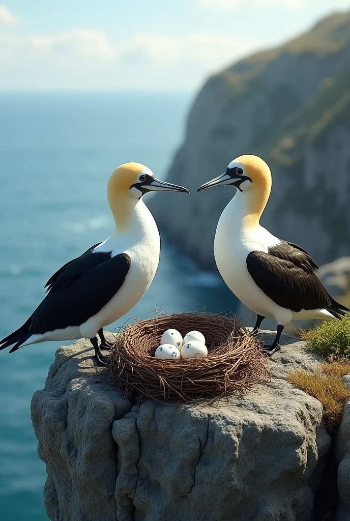 2 gannets on a cliff with a nest with 3 eggs in the nest