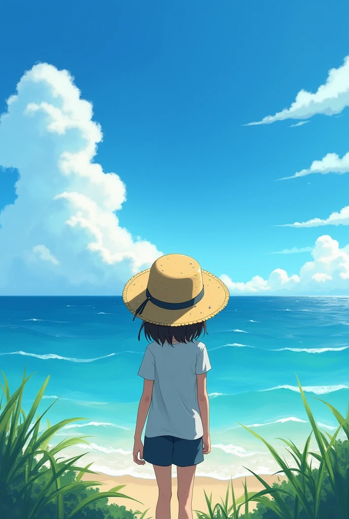 Ghibli style、、Straw hat、Ocean、blue sky、water droplets

