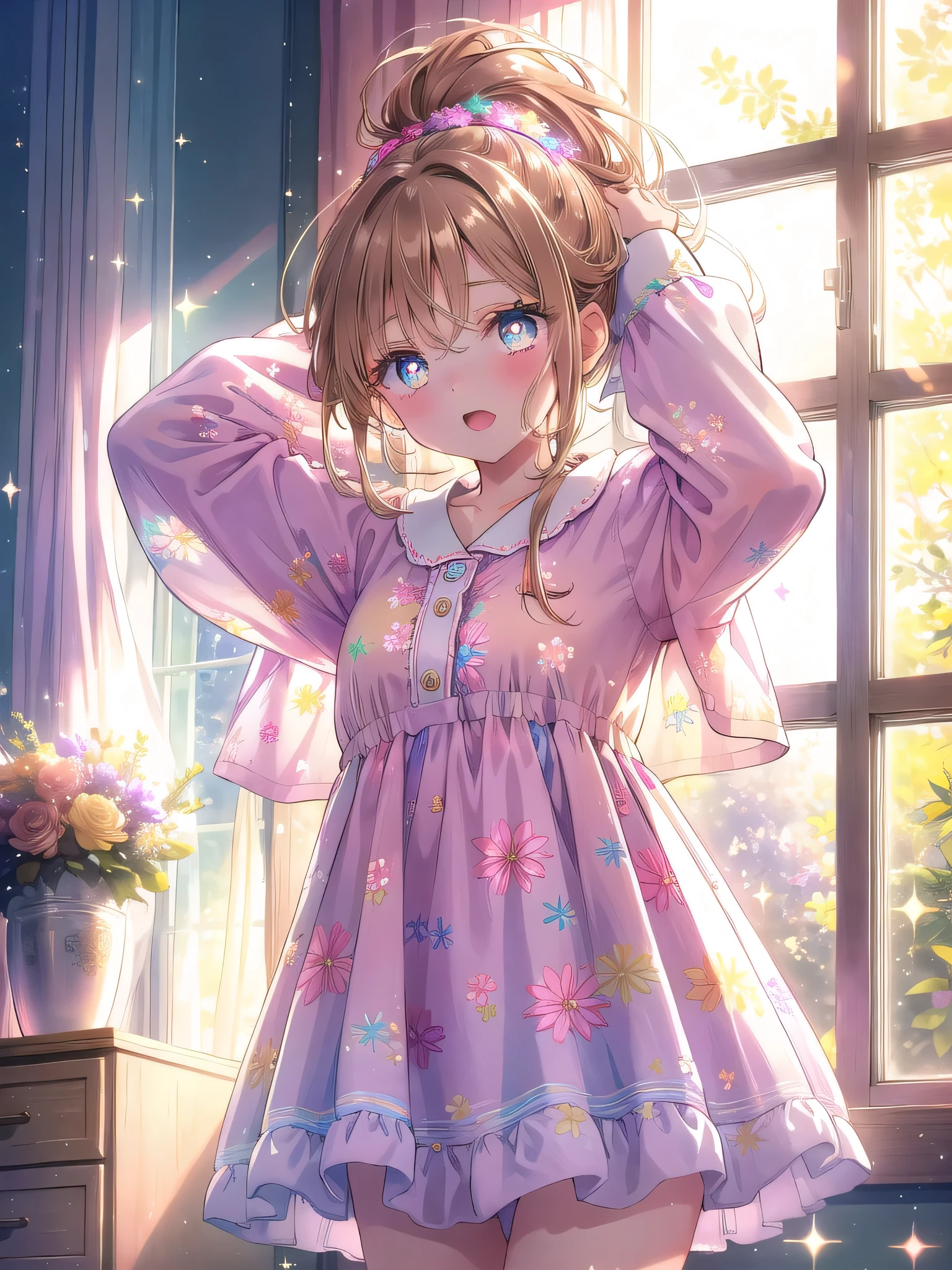((8k, Highest quality, masterpiece: 1.3)),Ultra-high resolution,(1 girl, alone), (Color changing eyes, Ultra-detailed, Expressive brilliance, Glitter, Glowing Eyes), Highly detailed eyes, Highly detailed face, Random Hair, ((pastel colour))A young girl with light brown hair tied in a messy ponytail stands in her cozy bedroom, stretching her arms above her head as she yawns. She’s wearing soft pastel pajamas with a subtle floral pattern. The sunlight gently streams through the window, casting a warm glow on her face. Her expression is sleepy yet content, as she prepares to start her day.