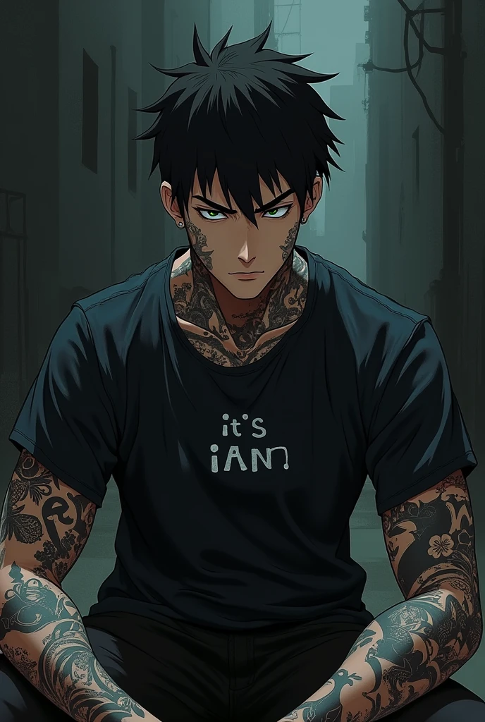 Dark anime character tattooed with the letters "It's ian" on the t-shirt