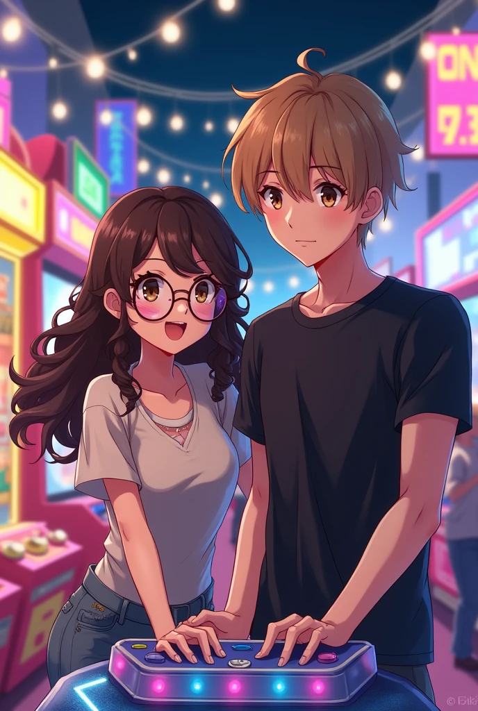 Two friends at an arcade,anime style,one girl with dark brown and curly long hair that wears glasses and wears a shirt revealing her chest and one masculine boy with light brown hair,brown eyes and wears a tight black tshirt, playing a game