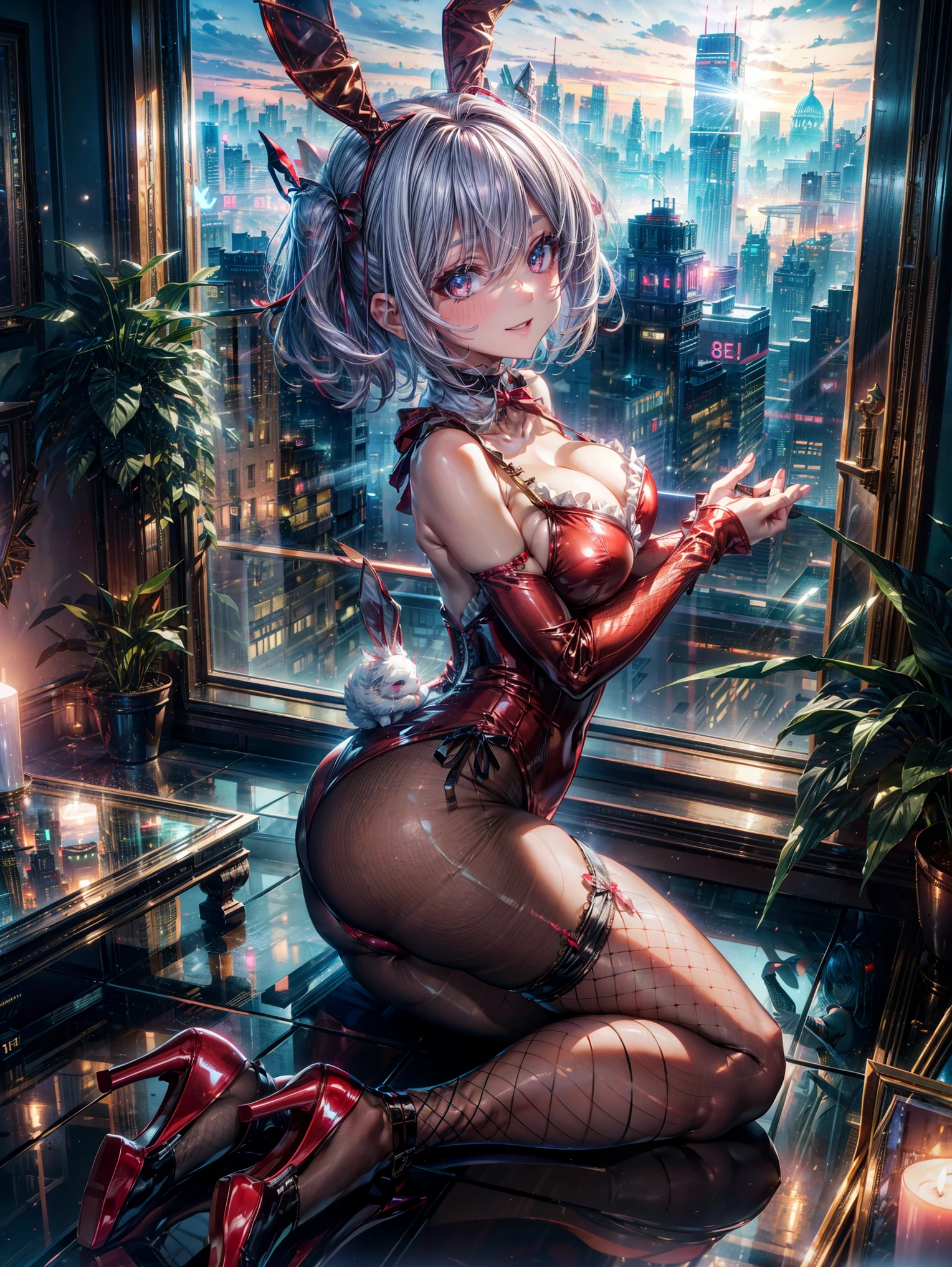 Highest quality、8K、(Bunny girl)、Fishnet tights、High heels、Red Bunny Suit、View Viewer、smile、Futuristic Living Room、indirect lighting、Room with houseplants、From the window you can see the valley between the city buildings、Night view、Silver short hair、Beautiful eyes、Beautiful Face、Delicate eyes