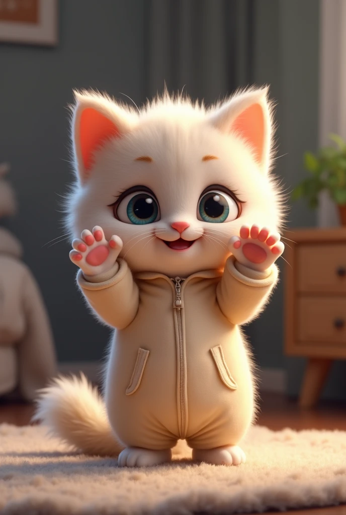 A small ragdoll kitten standing facing forward with its paws raised。Smiling。
Big eyes with a cute, human-like expression。Slightly larger head than body。limbs are short。A fluffy, large tail。
Wearing pajamas。Glossy texture。
The background is a night room。