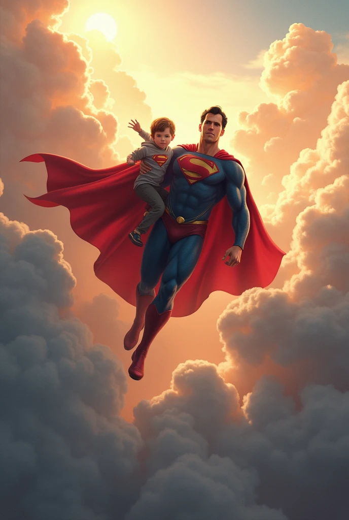 Superman with his son, flying in the clouds
