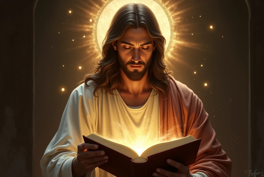 A painting of Jesus reading a book with a glowing halo, bible illustration, holy fire spell art, the lord and savior, JesusChrist, religious imagery, sua mente contemplando a eternidade, sacred flame spell, Bright halo above your head, beautiful representation, holy imagery, arte conceitual de deus, Directed by: Aleksander Gierymski, artistic representation, Rays of Sacred Holy Light and the crown