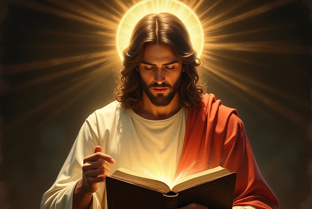 A painting of Jesus reading a book with a glowing halo, bible illustration, holy fire spell art, the lord and savior, JesusChrist, religious imagery, sua mente contemplando a eternidade, sacred flame spell, Bright halo above your head, beautiful representation, holy imagery, arte conceitual de deus, Directed by: Aleksander Gierymski, artistic representation, Rays of Sacred Holy Light and the crown