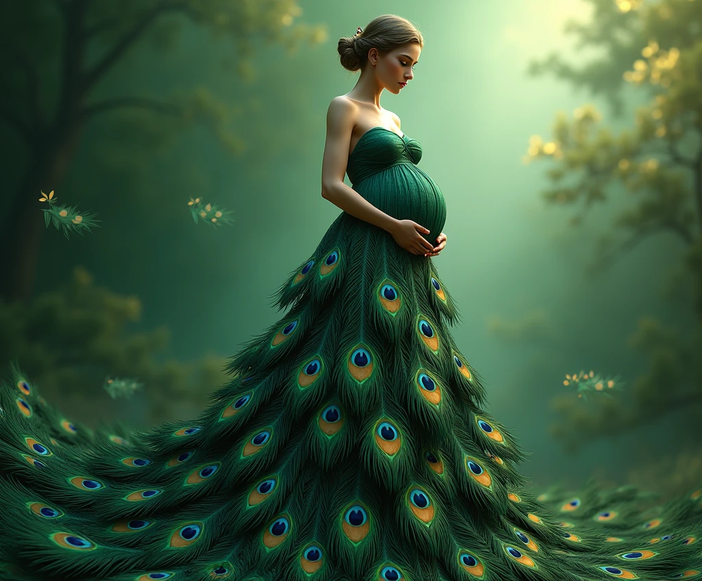 Make a realistic peacock feather dress humanoid features of a pregnant woman, full body shot dress should be look like make peacock feather . hig hress image . green background peackock freather in background , light come from right side dreammy effect