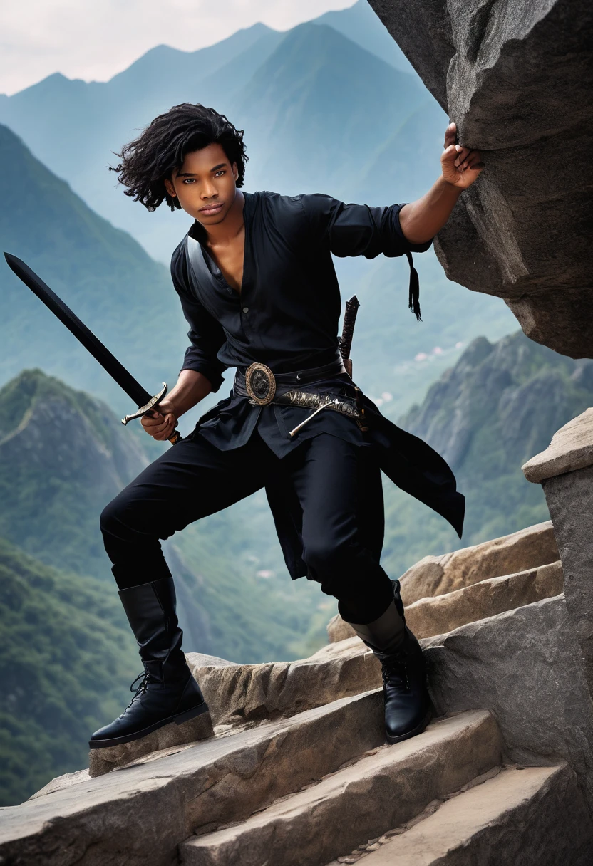 high resolution, book cover, a young man, blackquality hair, holding a black sword, climbing the steps, a huge black mountain.