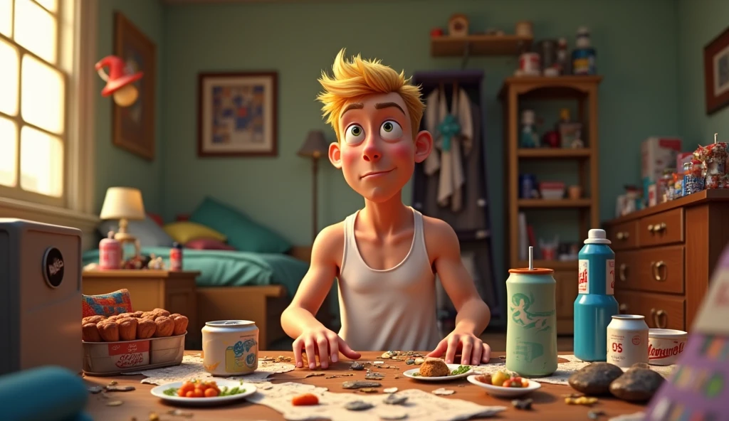 Im Stil von Pixar 3D-Animation filmen (Caricature). A messy room of a man with short blond hair wearing a white undershirt. There are clothes, Beverage cans, Leftover food, Car parts and packaging waste.