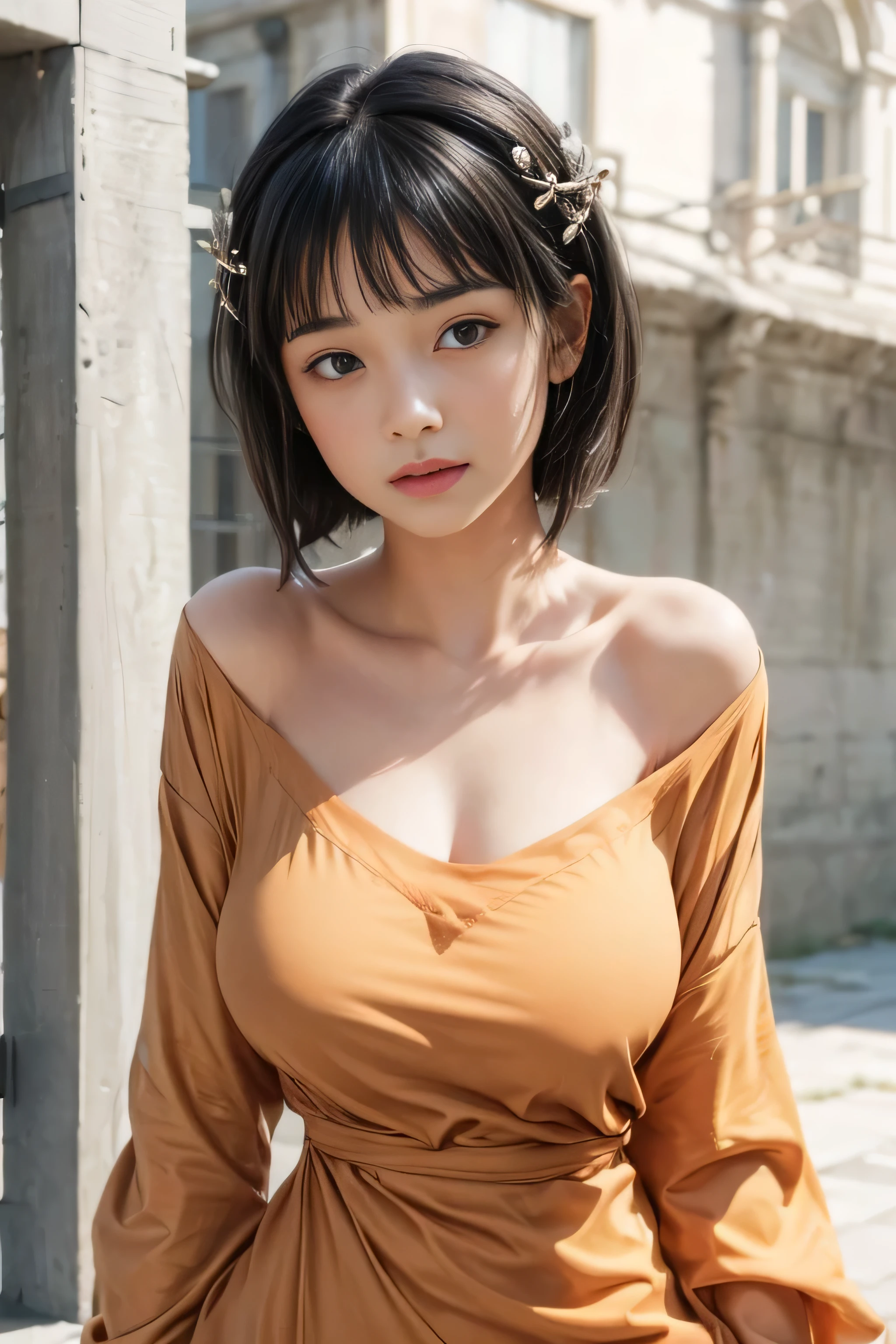 masterpiece, best quality, (realistic,photo-realistic:1.4), (RAW photo:1.2), extremely detailed CG unity 8k wallpaper, delicate and beautiful, amazing, finely detail,official art, absurdres, incredibly absurdres, huge filesize, ultra-detailed, extremely detailed, extremely detailkcaled girl,extremely detailed eyes and face, light on face,little smiles,(short hair:1.3),(black hair:1.3)(outdoor background:1.4),(wearing oversized t-shirt:1.4),(hair ornament:1.4)