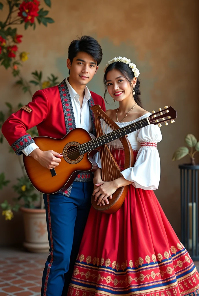 creates a young couple in typical Paraguayan costumes holding instruments such as the harp and guitar as the central part of the image. The clothing must be Paraguayan folkloric costume, with the colors of the Paraguayan flag. And as the main title of the image it should be FOLKLORE DAY in red colors, White and blue. 