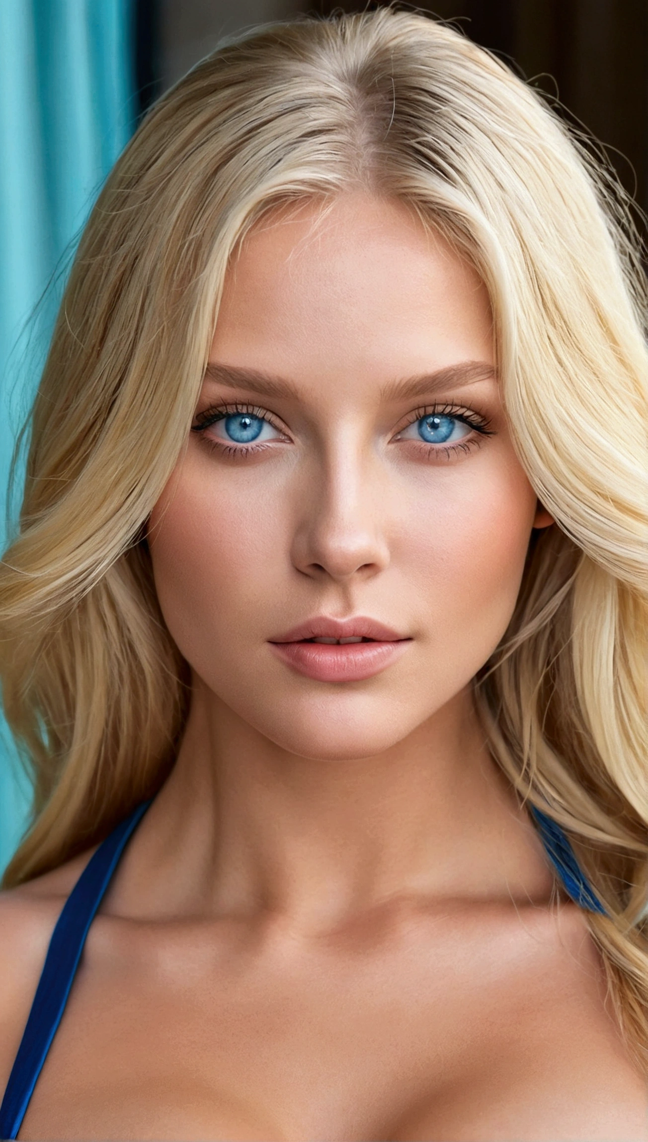 a beautiful blonde woman with clear blue eyes, detailed facial features, Big tits, Big ass