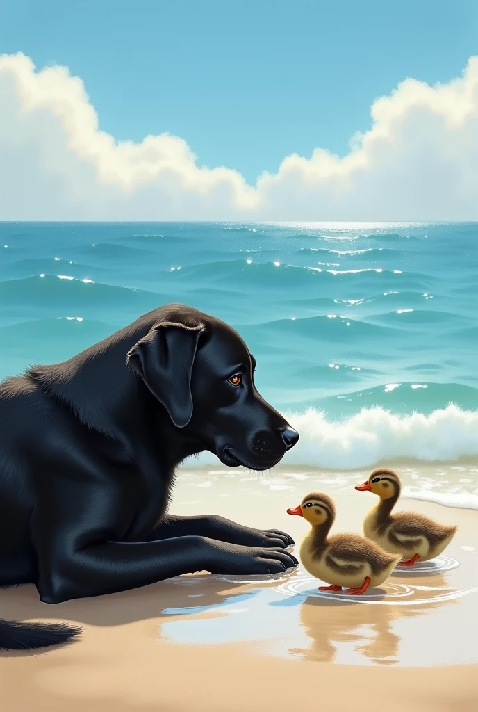 Create a picture of a black Labrador which kuddeling with a duck Family at the sea