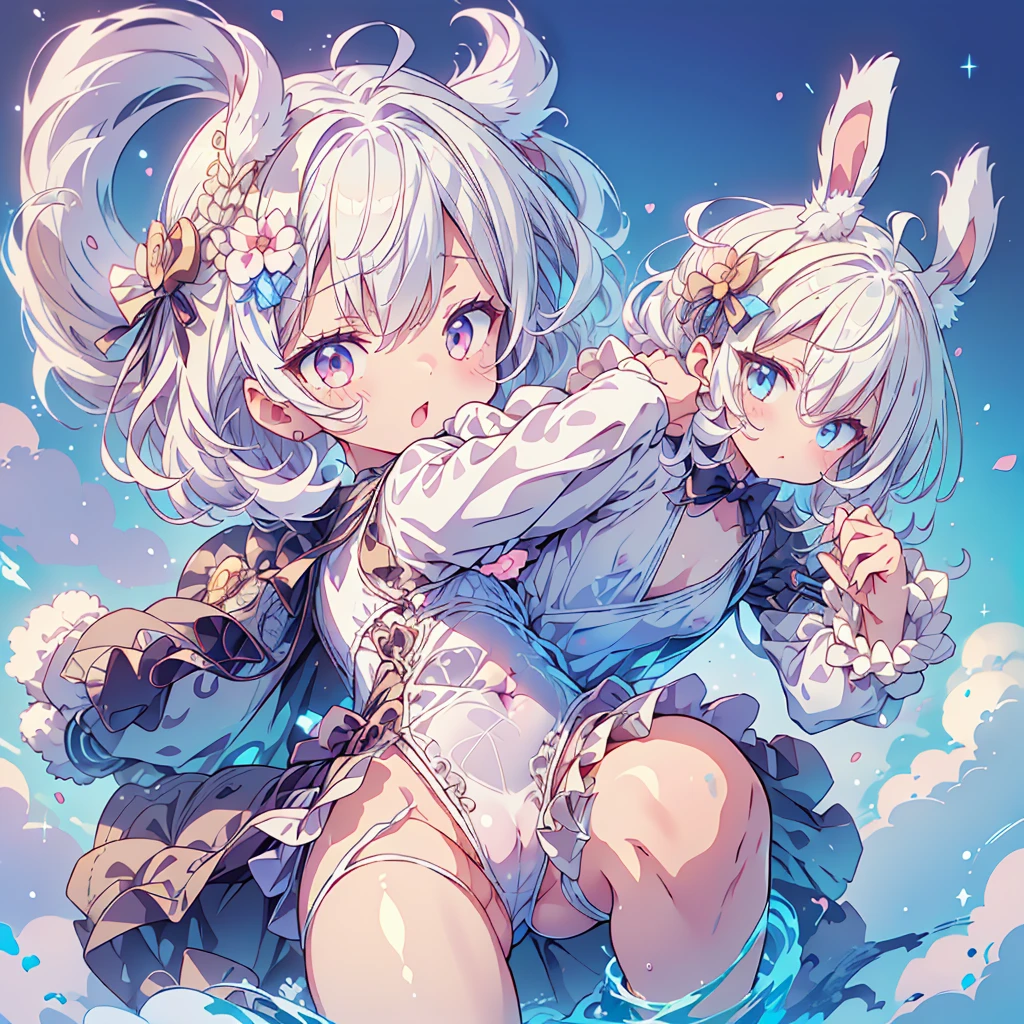 Perfect Anatomy、Perfect human body、Super detailed、Highest quality、Masterpiece、Award-winning works、A cute little guy wearing a rabbit costume、fluffy、Loose、pastel colour、Highest quality、Masterpiece、Milky white hair color、kawaii tech,Unique and cute outfits、