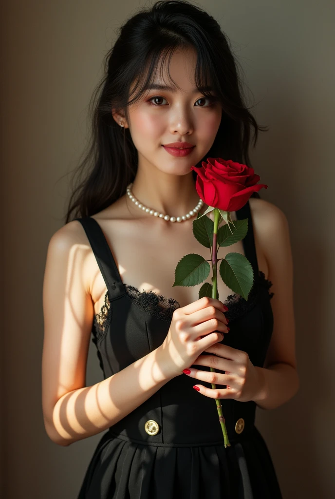 photography,HD,lifelike,Real People,An Asian girl holding a red rose in her hand,Smell the flowers,1,Slightly fat,Red nails,Beautiful facial features,Exquisite makeup,Exquisite eyes,Eye details,Dark eyeshadow,Pearl Necklace,Black suspender skirt,Shoulder,arm,Soft light and shadows indoors,Rich details