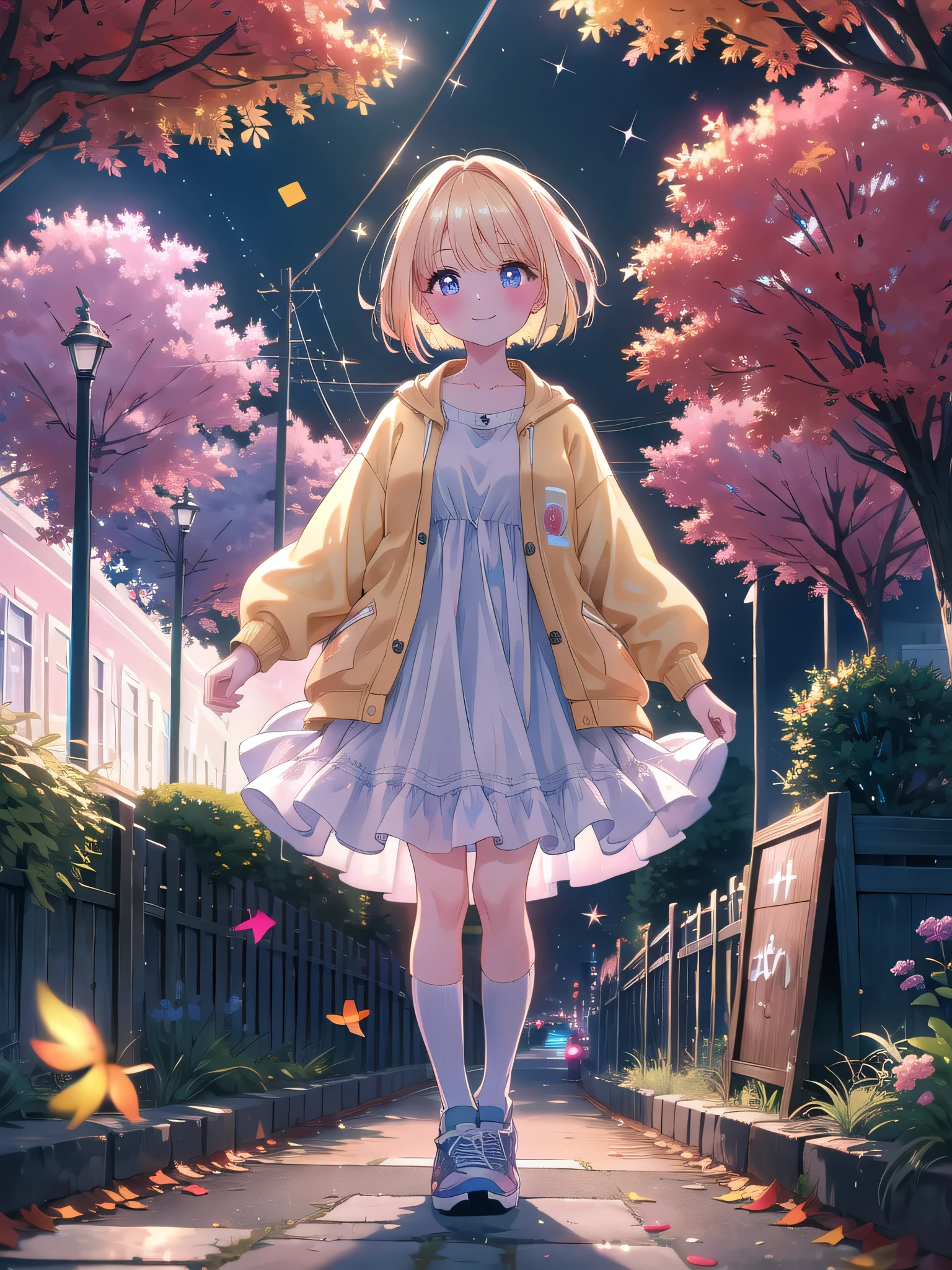 ((8k, Highest quality, masterpiece: 1.3)),Ultra-high resolution,(1 girl, alone), (Color changing eyes, Ultra-detailed, Expressive brilliance, Glitter, Glowing Eyes), Highly detailed eyes, Highly detailed face, Random Hair, ((pastel colour))A young girl with short, blonde hair, styled in a cute bob, walks her small dog in a quiet neighborhood. She’s wearing a light jacket over a simple dress, with knee-high socks and sneakers. The sky is painted in shades of orange and pink as the sun sets, casting long shadows on the pavement. The dog, a fluffy white pup, happily trots beside her on a leash. Her face is lit up with a smile, her eyes sparkling with joy as she enjoys the fresh evening air. The trees lining the street sway gently in the breeze, and a few scattered leaves crunch underfoot.