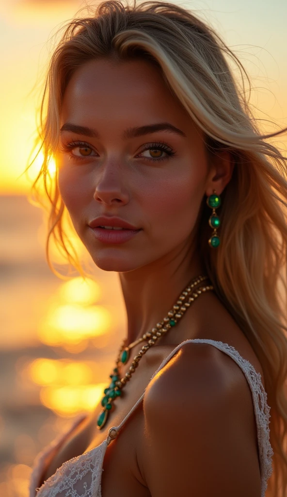  (((the light sparkles in your eyes accentuating every detail))),(((the sunlight illuminates your entire face, front lighting))), SHE HAS EVERYTHING THAT MAKES A WOMAN SEXY, closeup on face, SHE HAS A ROUND FACE AND BLONDE HAIR, THE SEXIEST OF ALL WOMEN, PERFECT FEATURES, EVERY DETAIL OF HER FASCINATES THOSE WHO SEE HER, the tip of your nose is as flushed as your cheek, She has a wide mouth with full lips that are covered in pink glossy lipstick, She is happy and has a beautiful, lively smile, her honey-colored eyes look to the horizon, she wears makeup and long eyelashes, your nose is long thin UPTUCKED, his closed eyes are looking at the horizon, I can clearly see every detail of your perfection, light brown hair like her honey colored eyes,, , your eyebrow is well done and defined, She wears a bracelet, earrings and necklace made of emeralds that sparkle, your collarbone is well defined, your neck is thin, she looks like she&#39;s only 18 and looks quite young, hair fluttering in the wind, holding hair, YOUR NAILS ARE PAINTED, It&#39;s a beautiful day at the beach and she&#39;s looking out to sea on a beautiful pier leaning against the railing, It&#39;s a beautiful sunset, Golden hour, the color of the environment blends with its beauty, SHE HAS FAIR, TAN SKIN WITH A TAN MARK, your beauty is impeccable, the drops on your body wet by the sea sparkle