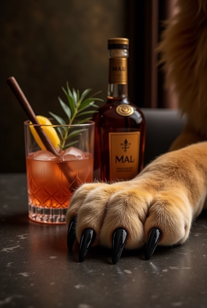 Elegant lioness paw with nails painted next to a sophisticated drink and a bottle
