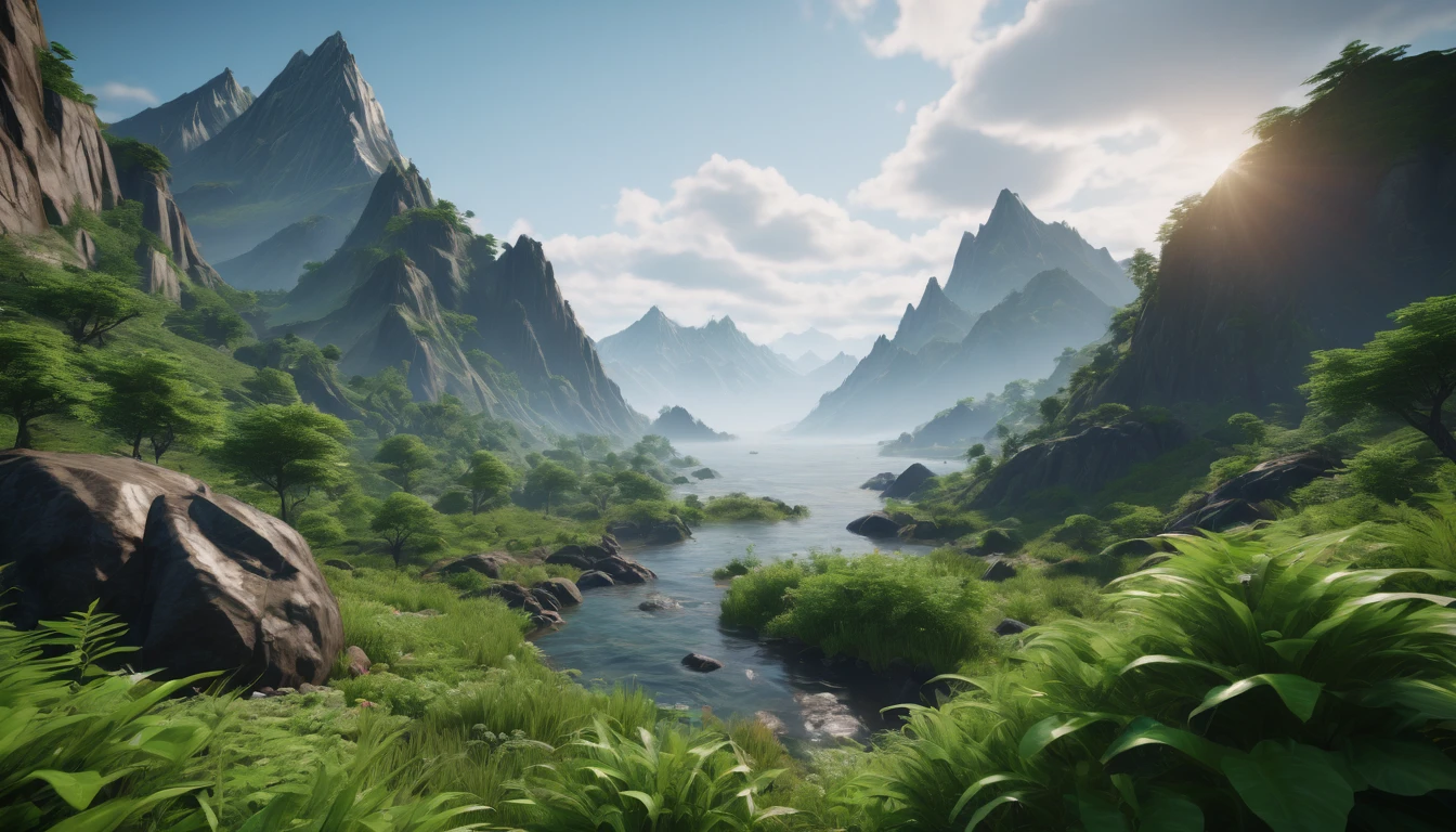 There is a sprawling mountain range covered in greenery.，The highest mountain is located on the west coast.（best quality，4K，8k，High level，masterpiece：1.2），Ultra Detailed，（lifelike，Photo real，Photo real：1.37），Complex patterns，Realistic lighting，虚幻引擎4K壁纸,, Summer Unreal Engine 5, Beautiful landscape rendering, Mountains and Oceans, Rendered in 8k Unreal Engine, The most beautiful scenery, Epic shock,