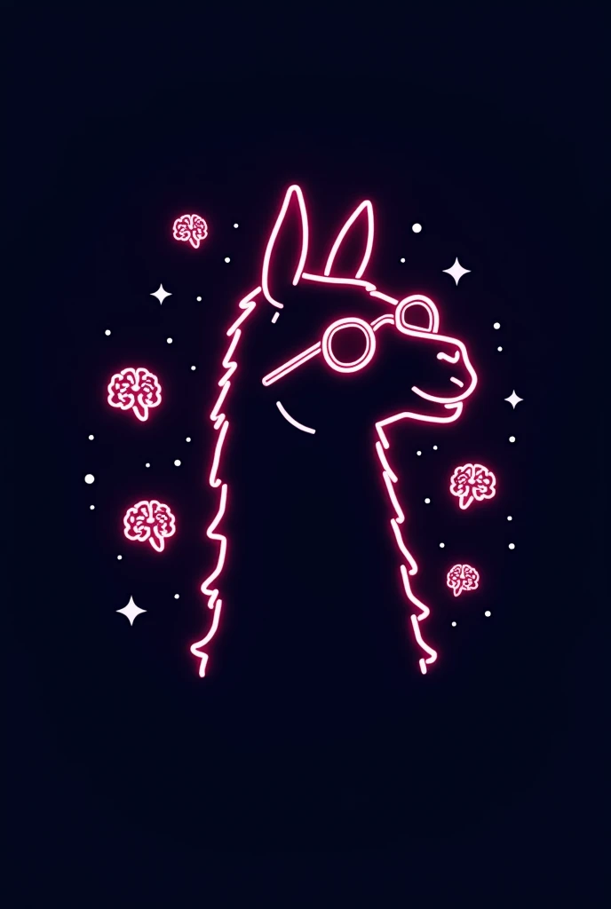 A minimalistic emblem featuring only the outline of a llama in profile, wearing glasses, drawn with neon colors. The design is purely an outline with no detailing, surrounded by multiple simple brain icons. The overall look is clean and modern, with bright neon lines on a dark background. This is a student poster for a psychology department party, focusing on simplicity with a fun, academic vibe.