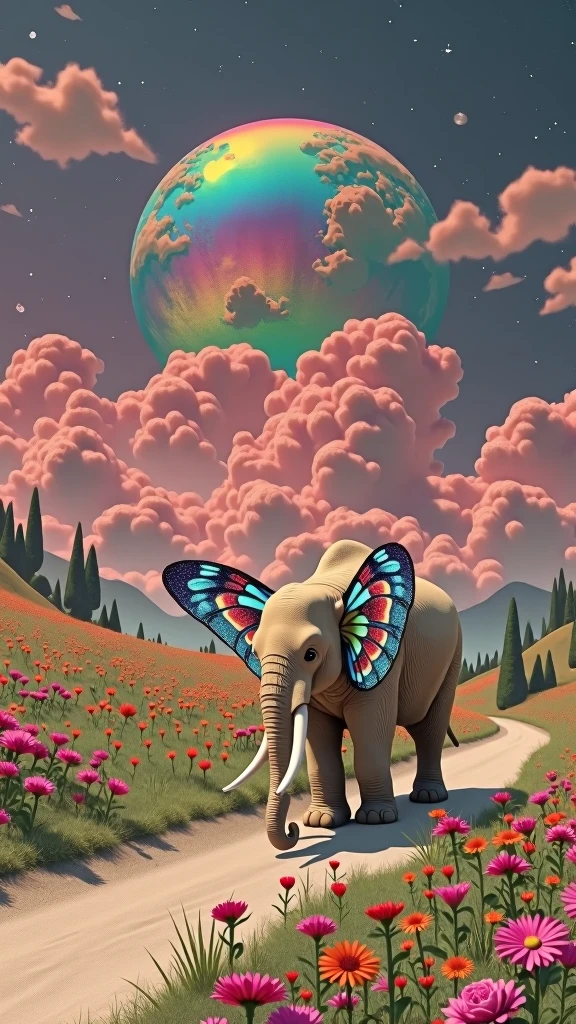 Surrealism,retro tone,An elephant with two ears that are butterfly wings walks along a road full of flowers,Go into the distance,There are pink cotton candy clouds in the sky,In the distance is a huge rainbow-colored planet