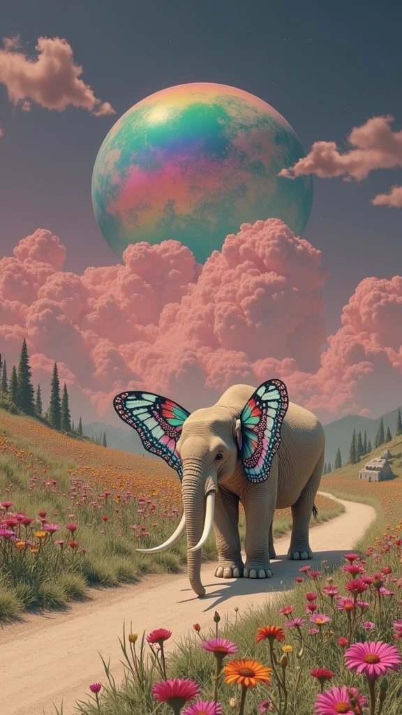 Surrealism,retro tone,An elephant with two ears that are butterfly wings walks along a road full of flowers,Go into the distance,There are pink cotton candy clouds in the sky,In the distance is a huge rainbow-colored planet