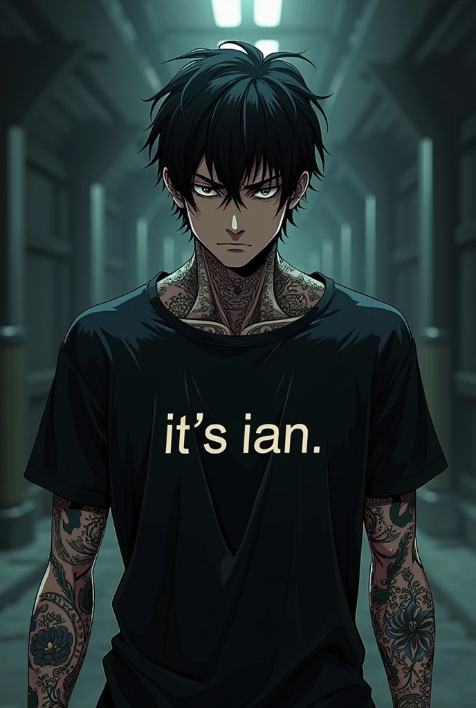 Dark anime character tattooed with the letters "It's ian" on the t-shirt