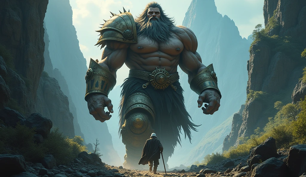 "Illustrate Dio giant setting out on his journey to rescue Pari fairy, with a determined expression on his face. The background should show a challenging path ahead, filled with treacherous mountains or dark forests."