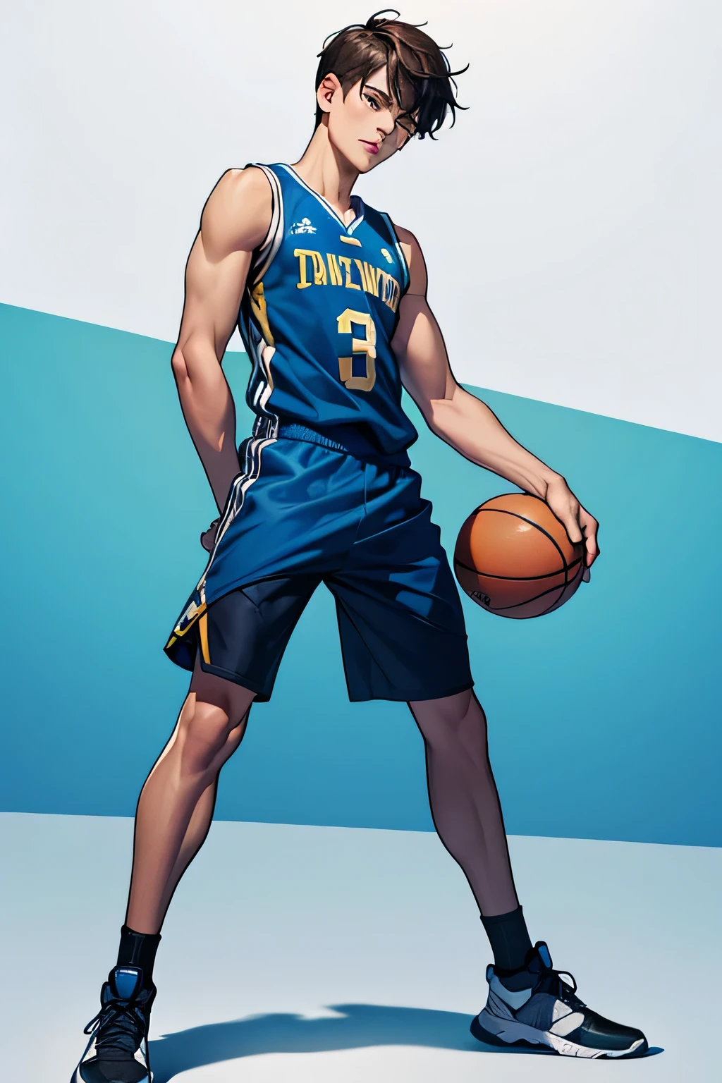 2 boy, twink, handsome, his skin is light tropical Latin, his hair is long and dark brown, he wears blue and black basketball clothes, we can see the image in full showing him full body, the background is solid black.
