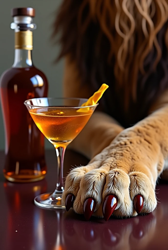 Elegant lioness paw with nails painted next to a sophisticated drink and a bottle