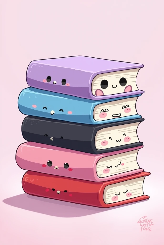 Stack of 5 books, color lila, celeste, negro, red and pink, anime style