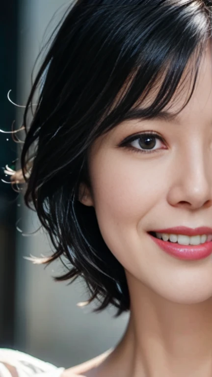 Cute 2,1 person,Slim face ,8k,Super Realistic image quality,Dynamic Shadows,Sparkling eyes,Clear black eyes,Cinema Lighting,Dark back alley,night,Darkness of the city,suit, ((face close up:1.5)),((A smile showing white teeth)),((short hair)),((Very short bangs)),close, 8k, RAW Photos, Highest quality, masterpiece,Realistic, photo-Realistic,