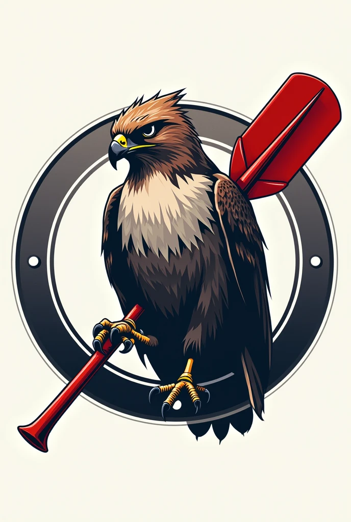 A round symbol with a simple hawk on the emblem and details such as a red oar 