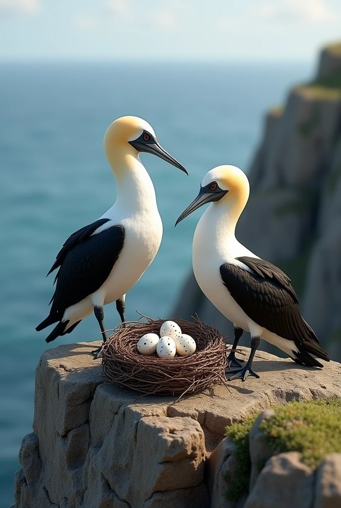 2 gannets on a cliff with a nest with 3 eggs in the nest
