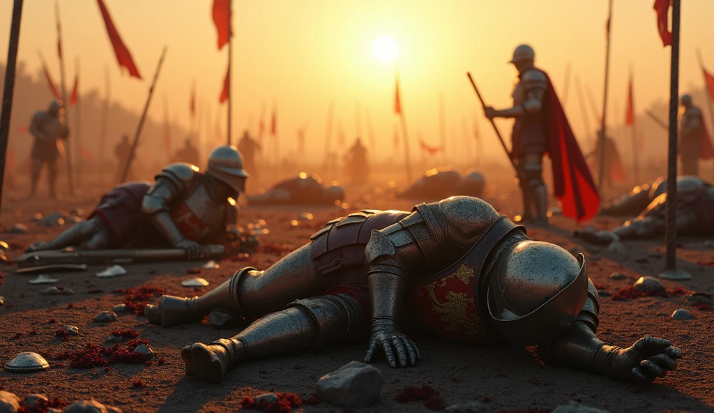 (masterpiece, best quality:1.5), (epic battlefield:1.4), fallen knights, (Lion-emblazoned armor:1.3), scattered across the battlefield, swords and shields lying around, dust and debris, dramatic lighting, (sunrise in the background:1.3), shadows stretching across the ground, (full-body shot:1.2), (focus on the aftermath:1.4), broken weapons, cracked helmets, (realistic and detailed textures:1.5), bloodstained ground, smoke rising from the ground, (desolate atmosphere, silence after the battle)