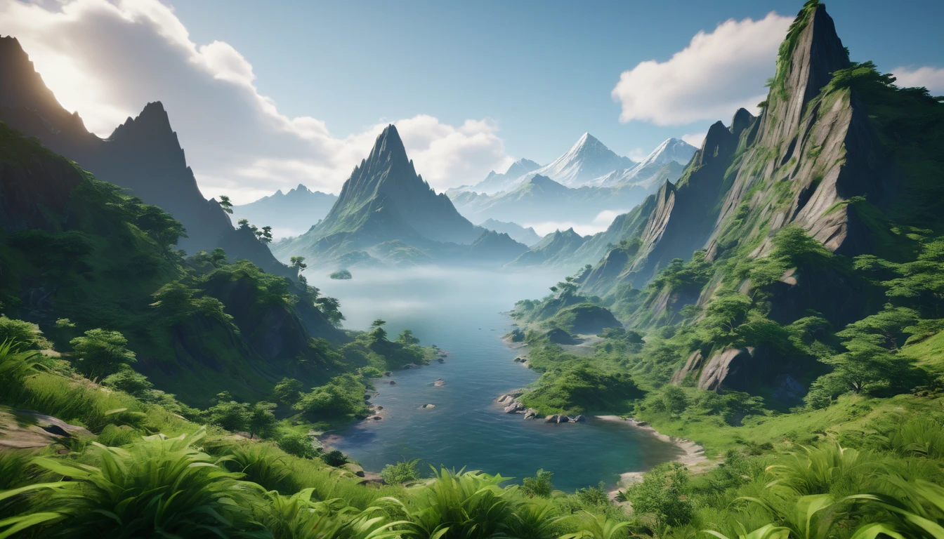 There is a sprawling mountain range covered in greenery.,The highest mountain is located on the west coast.(best quality,4K,8k,High level,masterpiece:1.2),Ultra Detailed,(lifelike,Photo real,Photo real:1.37),Complex patterns,Realistic lighting,虚幻引擎4K壁纸,, Summer Unreal Engine 5, Beautiful landscape rendering, Mountains and Oceans, Rendered in 8k Unreal Engine, The most beautiful scenery, Epic shock, Beautiful epic vista