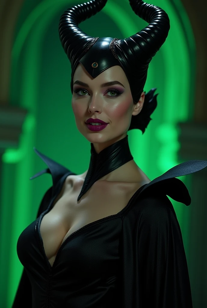 A stunning portrait of Maleficent, young and beautiful, hyper realistic, real portrait, backlit, exquisite features, cleavage, sexy, seductive, unnatural light, soft light, location is the interior of a dungeon, green light, eerie, purple highlights, she is smirking, she is busty, her chin is raised, looking down at viewer, low angle shot, h her body is nude, naked and powerful, visible breasts, visible nipples