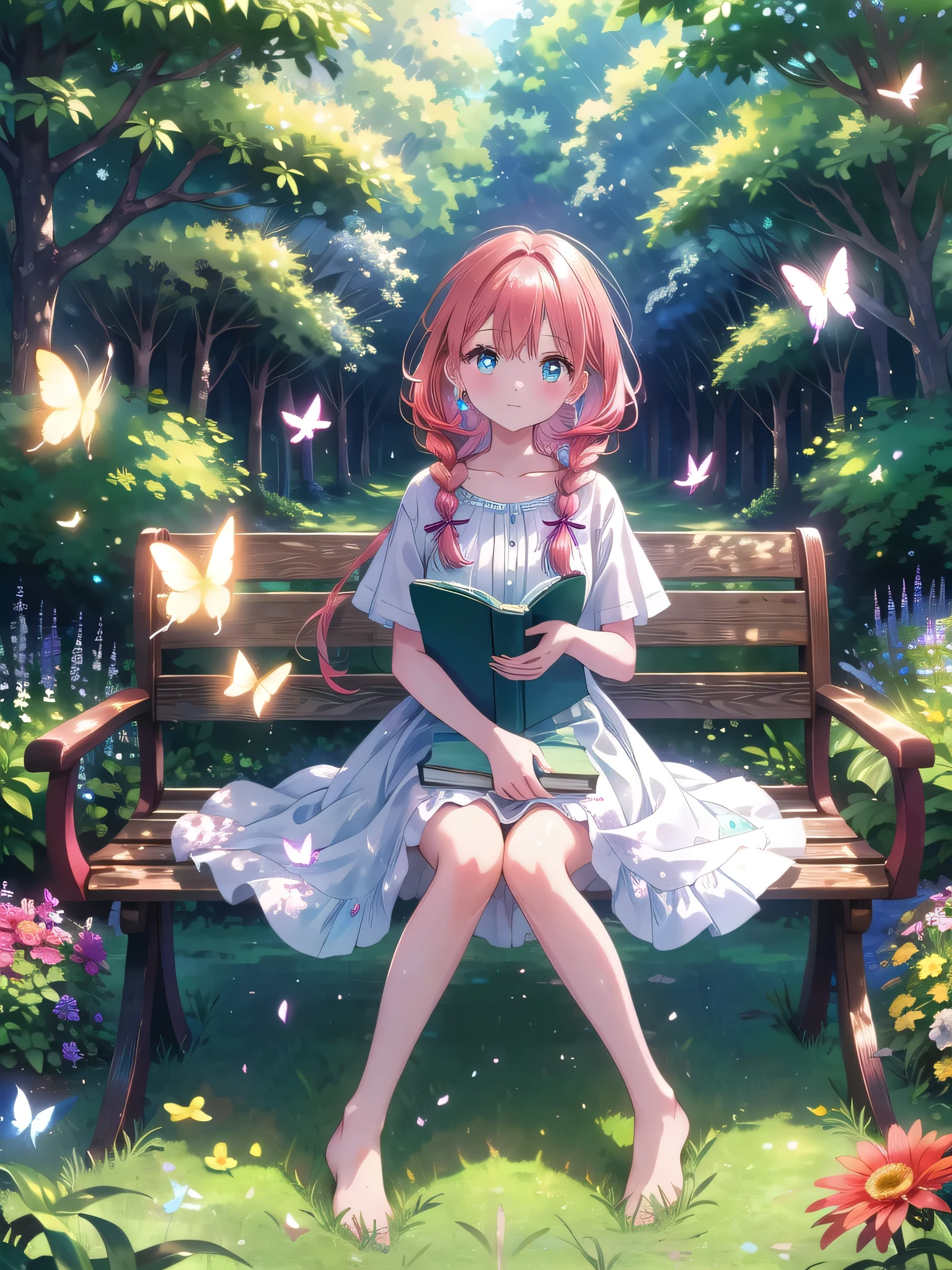 ((8k, Highest quality, masterpiece: 1.3)),Ultra-high resolution,(1 girl, alone), (Color changing eyes, Ultra-detailed, Expressive brilliance, Glitter, Glowing Eyes), Highly detailed eyes, Highly detailed face, Random Hair, ((pastel colour))A young girl with auburn hair tied back in a loose braid sits on a wooden bench in a garden. She’s wearing a floral sundress, light and breezy, perfect for the warm afternoon. Her legs are crossed, and she’s barefoot, her toes brushing the soft grass beneath her. She’s holding a book, completely absorbed in the story, her expression serene and focused. Around her, the garden is alive with color—vibrant flowers, green leaves, and the occasional butterfly flitting by. The sunlight filters through the trees, casting dappled shadows on the ground, creating a peaceful and idyllic scene.