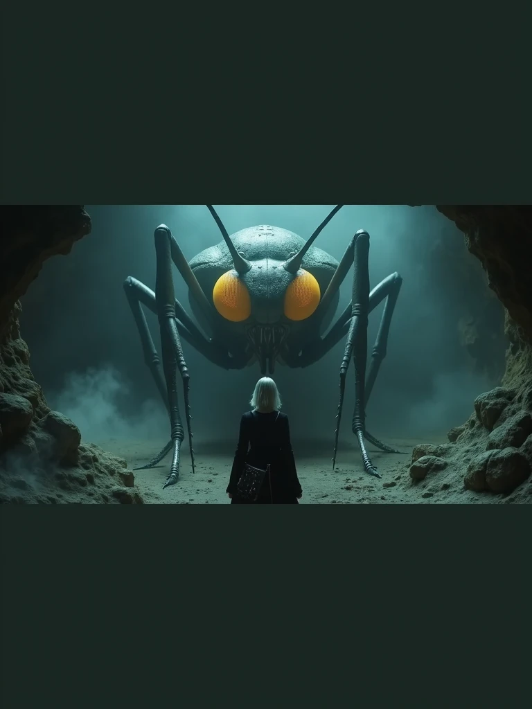 An ultra-realistic and highly detailed image of the head of a huge Mosquito. Only your head is framed in the image. It has bright yellow eyes and hard, dark scales.. The mesquite is resting in a cave. In front of you, a man stands with his back to the camera, her distinctive silver hair and a black dress with visible silver details. There's a mist in the air. Her face is not shown. The scene is captured with a Sony A7R IV paired with a 135mm f/2.5 GM lens./1.8, ensuring stunning clarity and rich detail. the lighting is dramatic, with the dragon's eyes and the mist providing a soft glow. The aspect ratio is 16:9, emphasizing the vertical composition