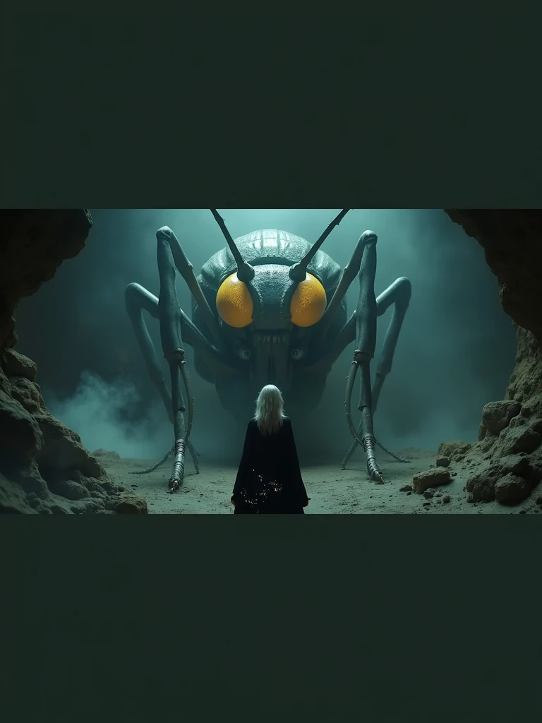 An ultra-realistic and highly detailed image of the head of a huge Mosquito. Only your head is framed in the image. It has bright yellow eyes and hard, dark scales.. The mesquite is resting in a cave. In front of you, a man stands with his back to the camera, her distinctive silver hair and a black dress with visible silver details. There's a mist in the air. Her face is not shown. The scene is captured with a Sony A7R IV paired with a 135mm f/2.5 GM lens./1.8, ensuring stunning clarity and rich detail. the lighting is dramatic, with the dragon's eyes and the mist providing a soft glow. The aspect ratio is 16:9, emphasizing the vertical composition