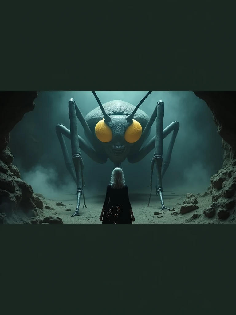 An ultra-realistic and highly detailed image of the head of a huge Mosquito. Only your head is framed in the image. It has bright yellow eyes and hard, dark scales.. The mesquite is resting in a cave. In front of you, a man stands with his back to the camera, her distinctive silver hair and a black dress with visible silver details. There's a mist in the air. Her face is not shown. The scene is captured with a Sony A7R IV paired with a 135mm f/2.5 GM lens./1.8, ensuring stunning clarity and rich detail. the lighting is dramatic, with the dragon&#39;s eyes and the mist providing a soft glow. The aspect ratio is 16:9, emphasizing the vertical composition 