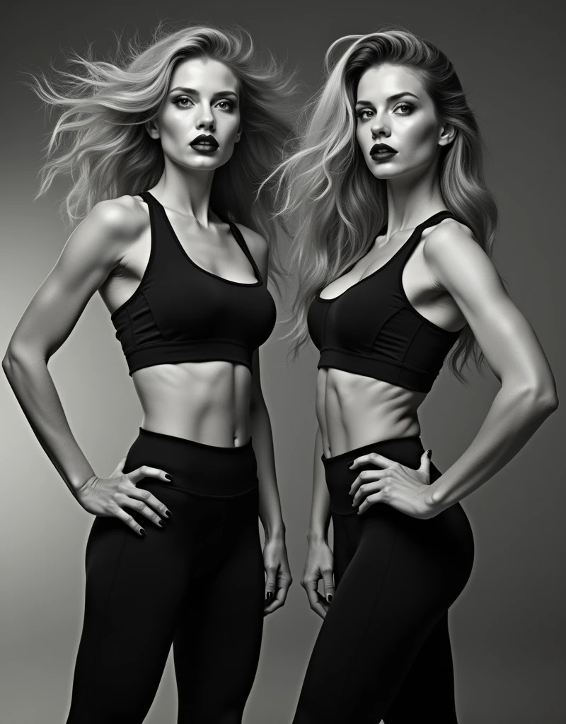 (((best qualityer))), highly detailed, high resolution. 2 female, blondie hair, clear green eyes, fleshy lips, heavy make-up, I do the woman in the gym with the random pose in black and white yoga clothes