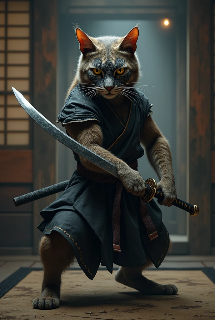 Ryu style fighting cat with a mask covering his eyes and a samurai sword