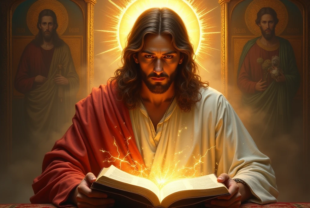 A painting of Jesus reading a book with a bright halo, Bible illustration, sacred fire spell art, The Lord and Savior, Jesus Christ, religious images, his mind contemplating eternity, sacred flame spell, shining halo above his head, beautiful representation, sacred images, conceptual art of god, Directed by: Aleksander Gierymski, artistic representation, Holy Rays of Light and the Crown