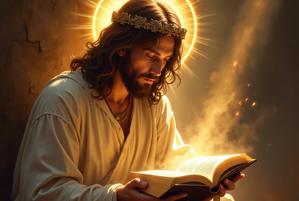 A painting of Jesus reading a book with a bright halo, Bible illustration, sacred fire spell art, The Lord and Savior, Jesus Christ, religious images, his mind contemplating eternity, sacred flame spell, shining halo above his head, beautiful representation, sacred images, conceptual art of god, Directed by: Aleksander Gierymski, artistic representation, Holy Rays of Light and the Crown