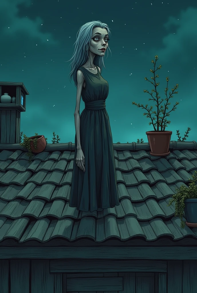 A thin old woman on a rooftop at night in a drawing ( a little less realistic e sim em desenho animado) (a little less realistic)( an old woman who looks like Samara) ( on a farm roof)