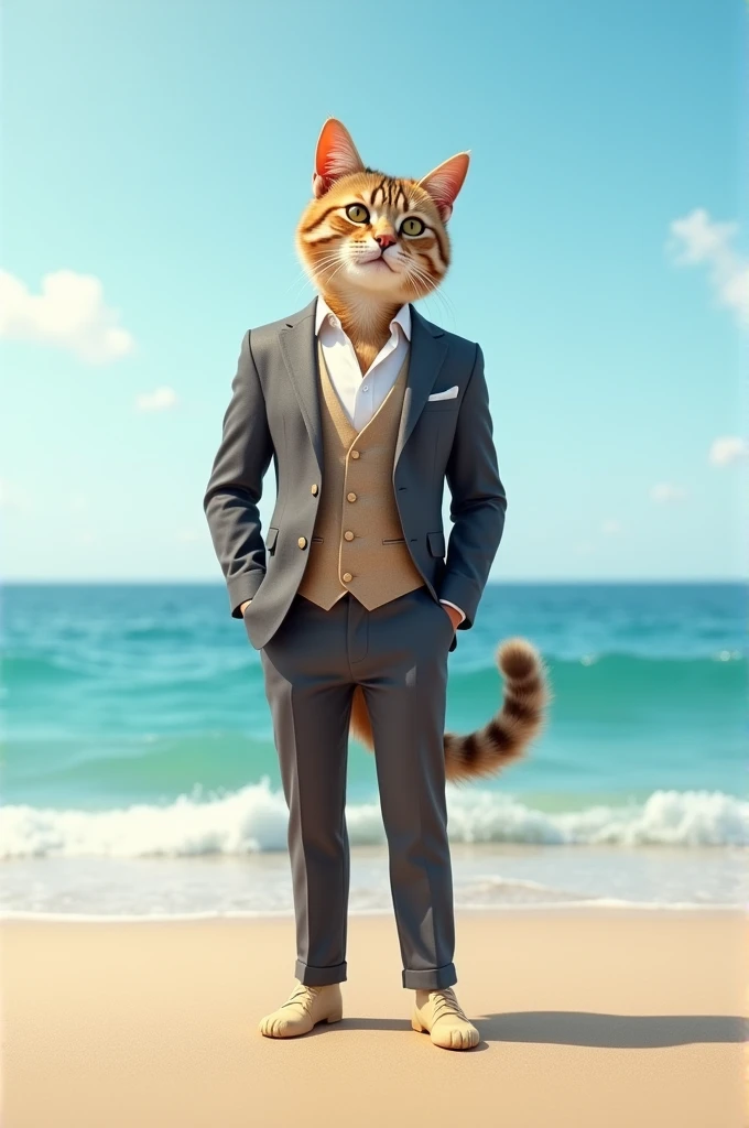 A cat wearing summer suit is standing near the ocean